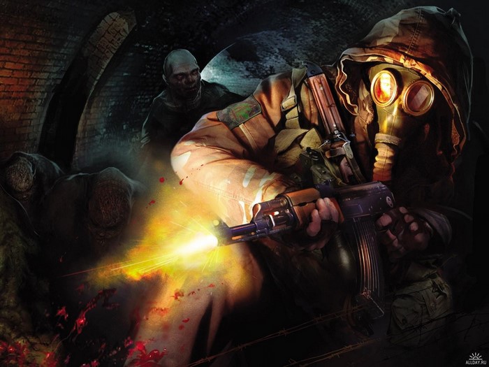 Soldier with gas mask firing a rifle in a dark tunnel