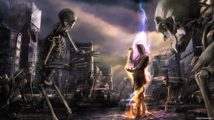 Skeletons in a ruined city with a figure casting magic