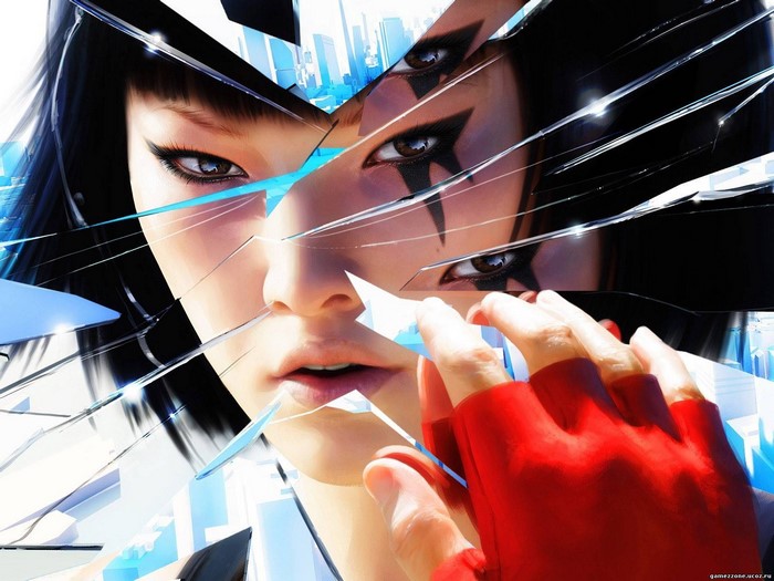 Faith Connors from Mirror's Edge reflected in broken glass