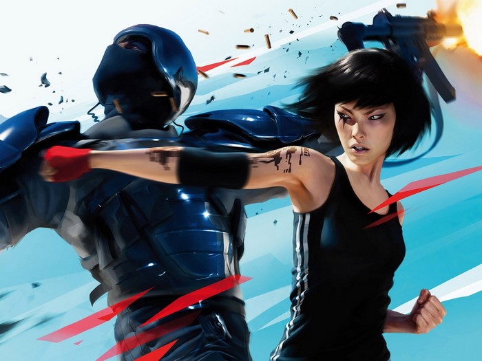 Faith Connors from Mirror's Edge fighting an armored opponent