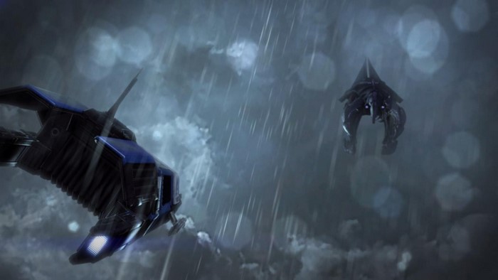 Mass Effect 3 screenshot: Reaper and ship in rain