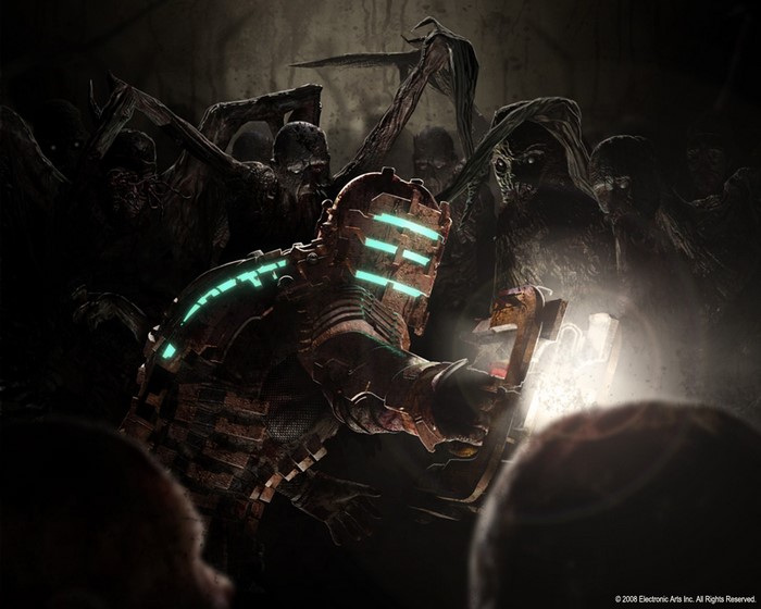 Isaac Clarke from Dead Space surrounded by Necromorphs
