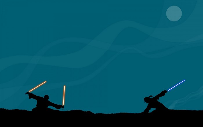 Star Wars Jedi duel with lightsabers at night