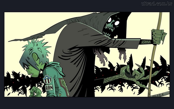 2-D from Gorillaz with a Grim Reaper figure