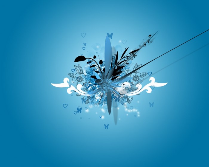Abstract blue floral illustration with butterflies and hearts