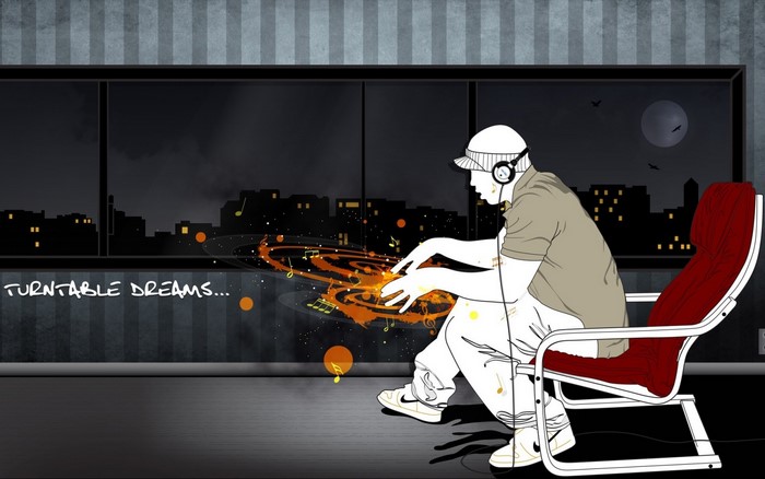 DJ with headphones playing music in a chair