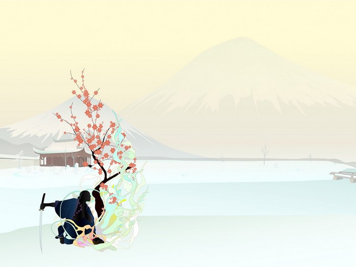 Samurai warrior with sword near cherry blossom tree and Mount Fuji
