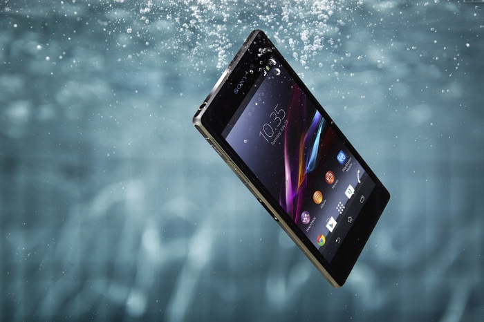 Sony Xperia Z1 smartphone underwater with bubbles