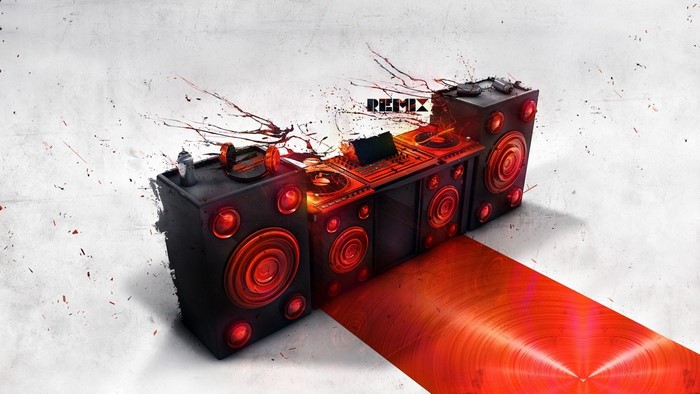 DJ equipment with red speakers and "REMIX" text