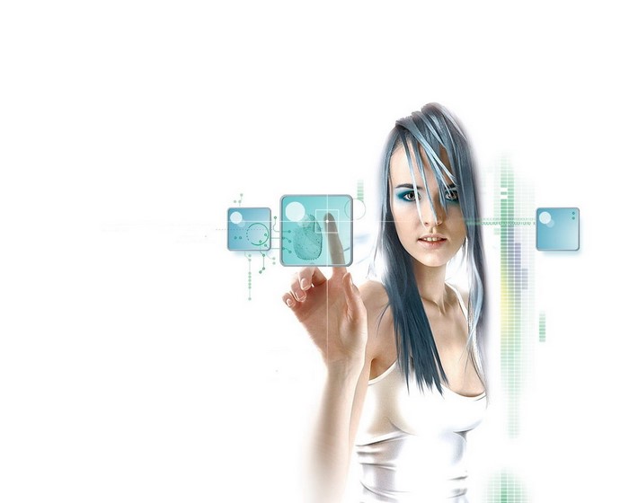 Woman touching a futuristic interface with fingerprint scanner