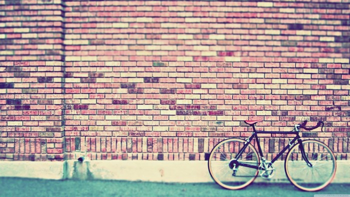 Bicycle leaning against a brick wall