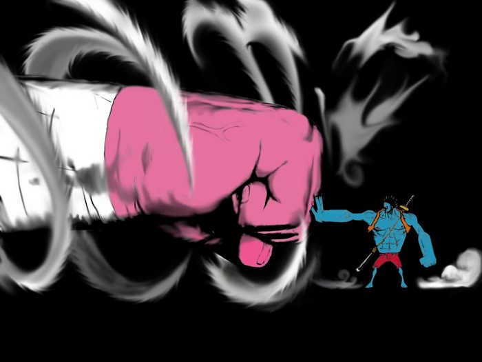 Nightmare Luffy from One Piece facing a giant fist