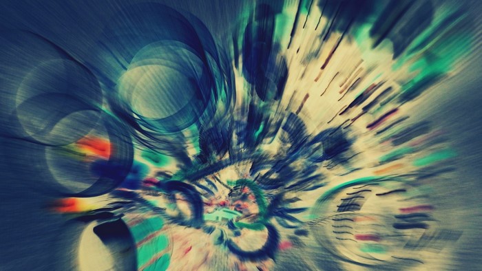 Abstract painting with blue and colorful streaks