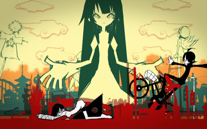 Anime illustration with a giant girl and city