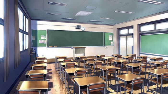 Anime classroom interior with desks and blackboard