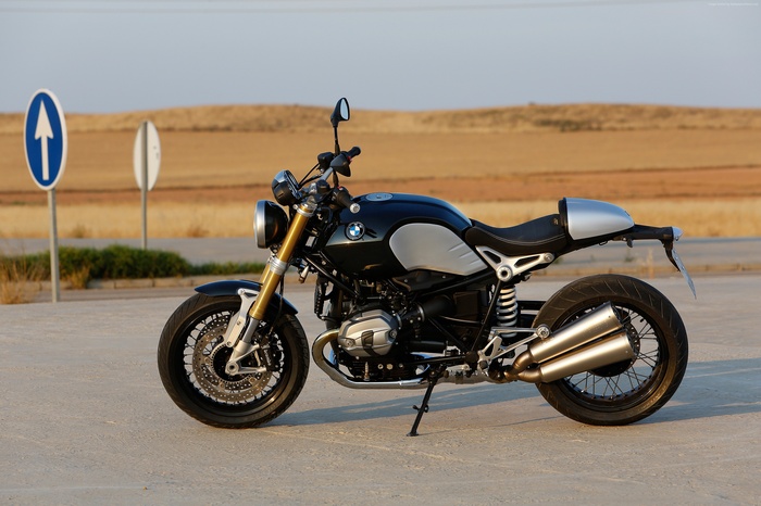 BMW R nineT motorcycle parked on a road