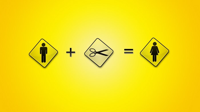Man symbol plus scissors equals woman symbol