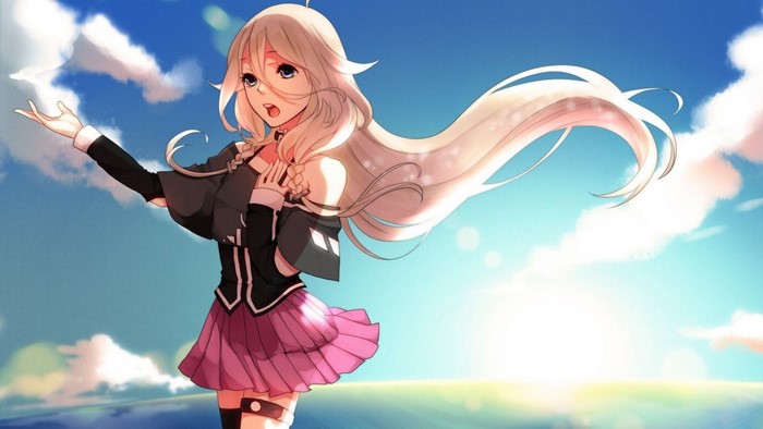 Anime girl with long blonde hair in a black and pink outfit