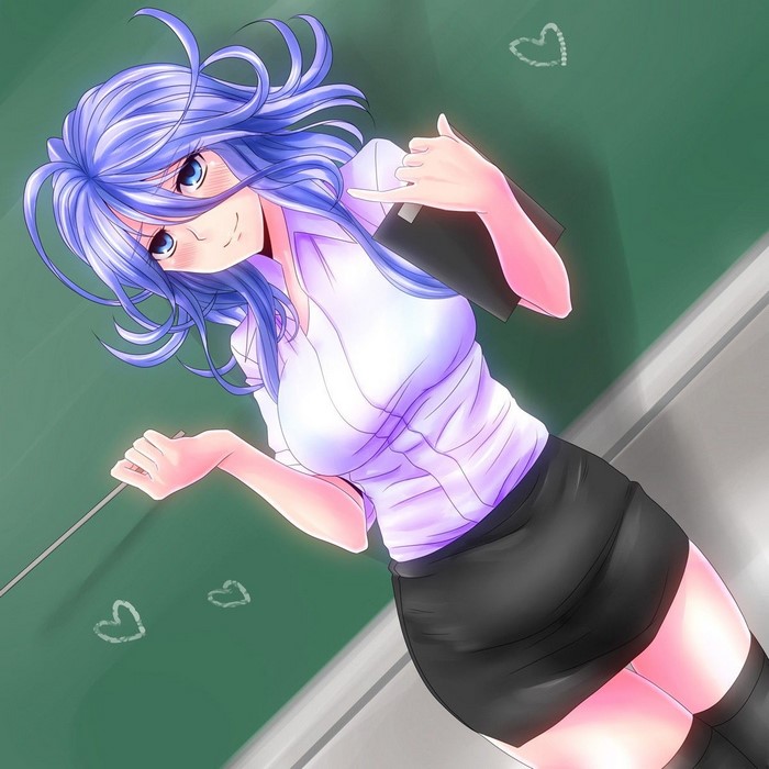 Anime girl with blue hair holding a book and pointer