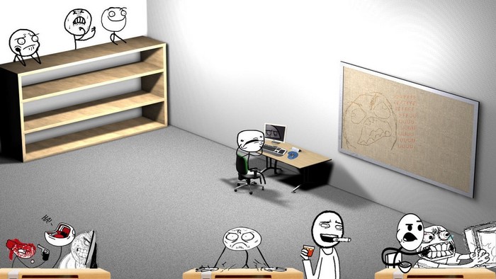 Meme characters in a room with a bookshelf and whiteboard