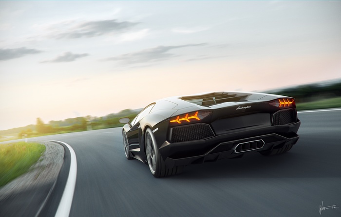 Black Lamborghini Aventador driving on a road