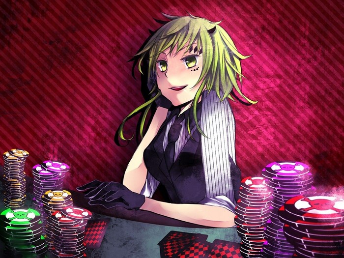 Megpoid Gumi from Vocaloid playing poker