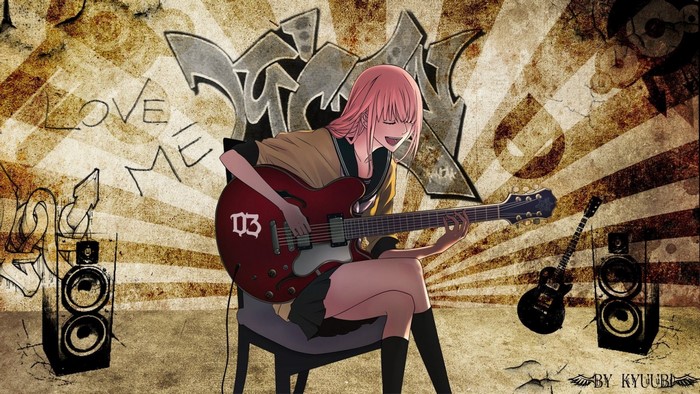 Anime girl playing guitar with graffiti background