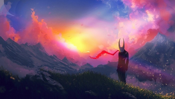 Figure with horns and red scarf in a mountain landscape at sunset