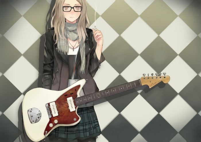 Anime girl with glasses and guitar smoking