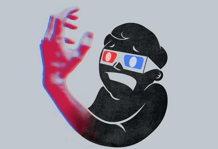 Vault Boy with 3D glasses and hand