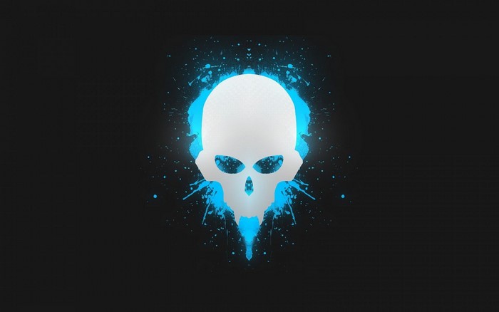 White skull with blue splatter on black background