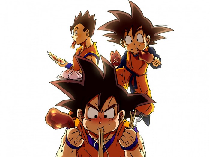 Goku, Gohan, and Goten eating food