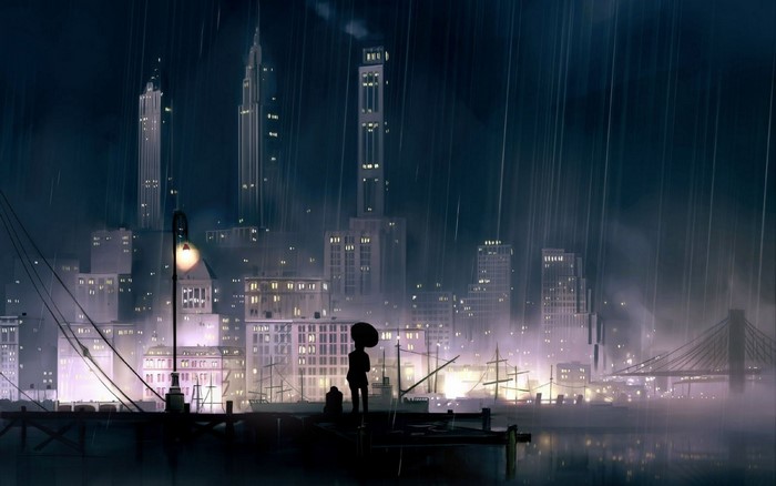 Cityscape at night with rain and a person with an umbrella