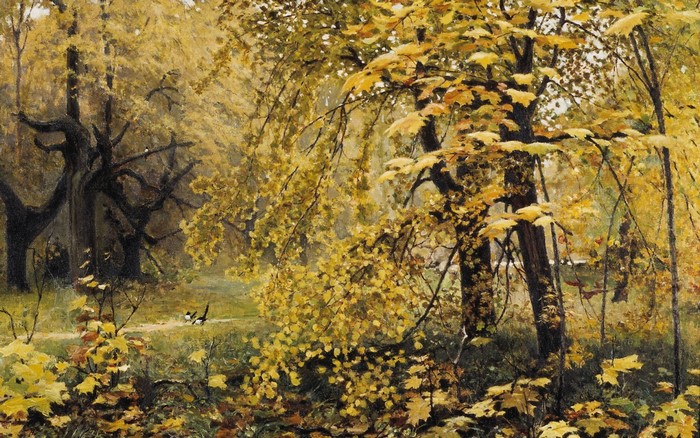 Autumn forest with yellow leaves and birds