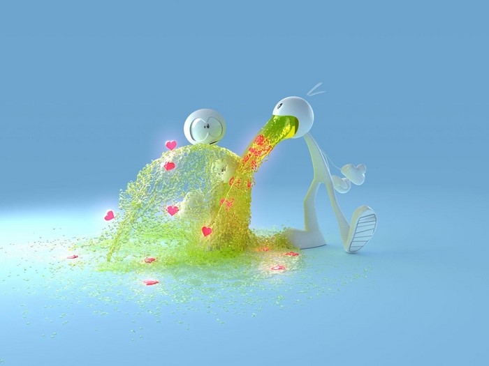 Cartoon character vomiting hearts and liquid