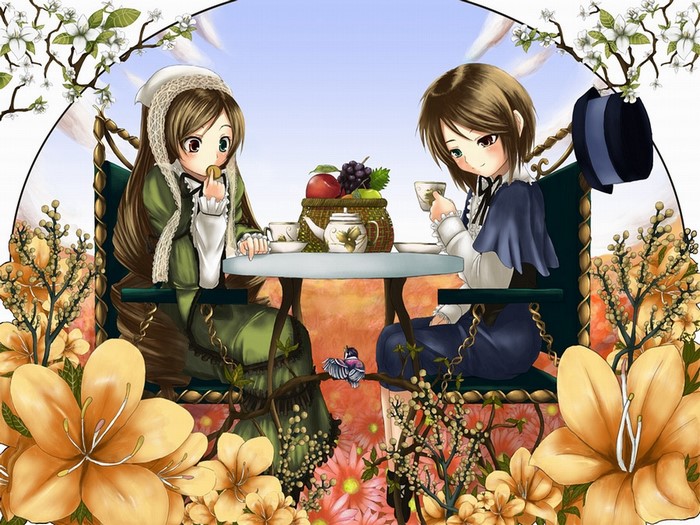 Anime girls having tea outdoors with flowers