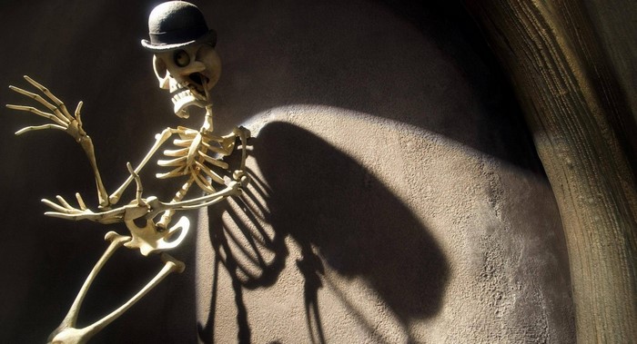 Skeleton wearing a hat with dramatic lighting
