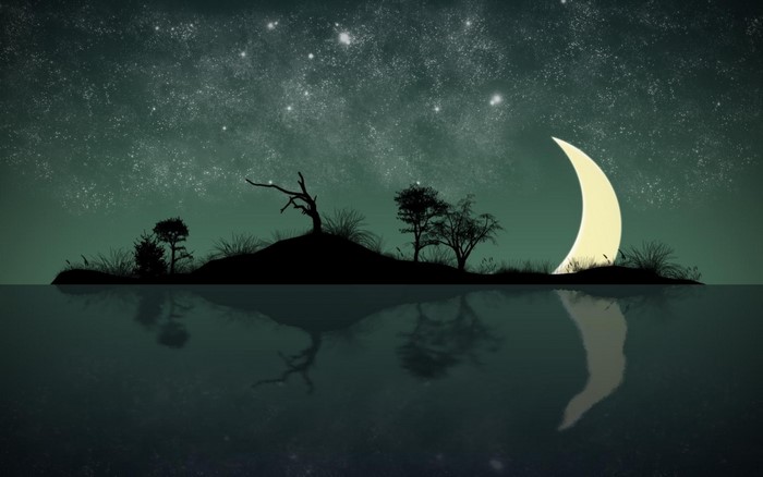 Night sky with crescent moon over water reflection