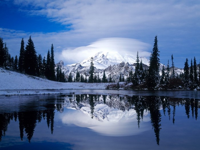 Snowy mountain reflected in a calm lake with pine trees