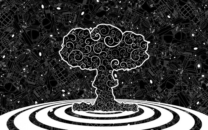 Nuclear explosion with swirling patterns and weapons background