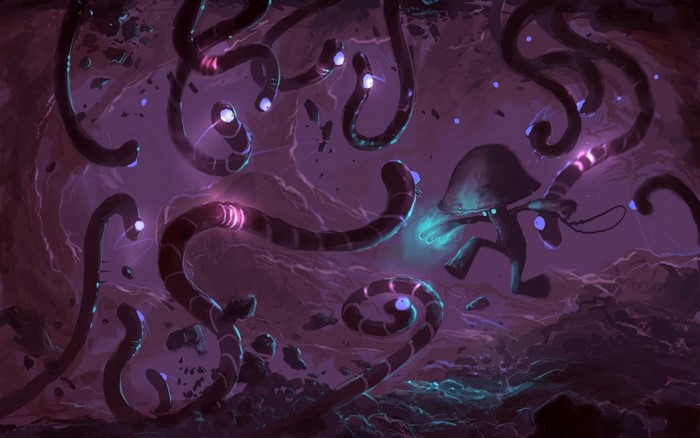 Mushroom Men character fighting purple worms in a cave
