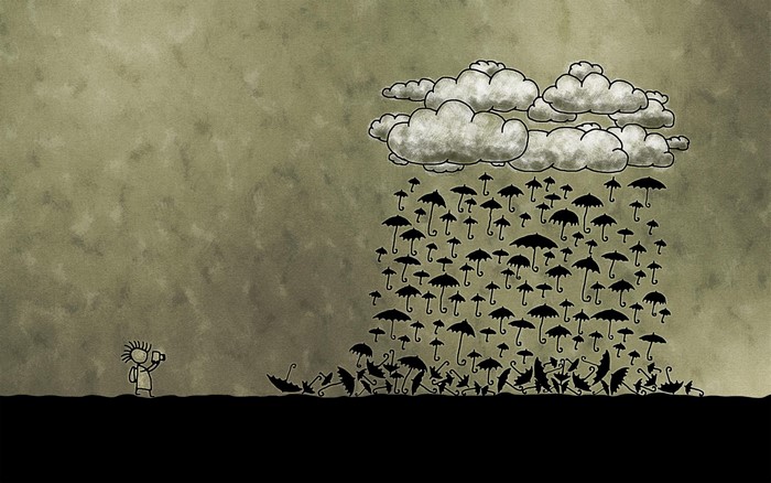 Clouds raining umbrellas on a person
