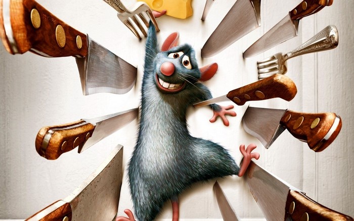 Remy the rat from Ratatouille surrounded by knives