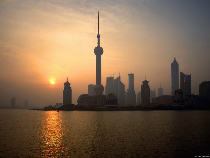 Shanghai skyline at sunrise with Oriental Pearl Tower