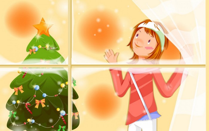Girl looking at Christmas tree through window