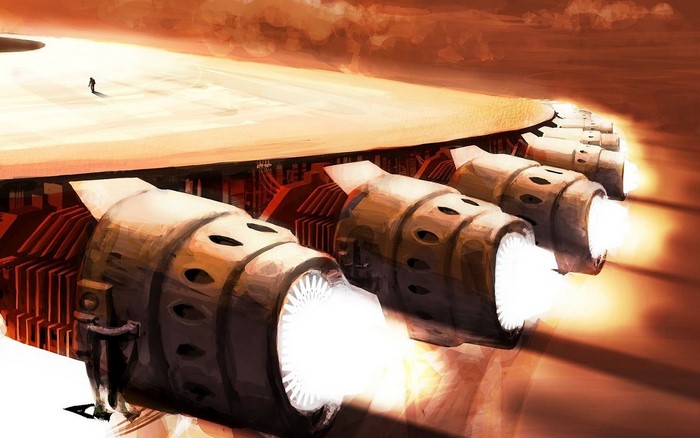 Science fiction artwork of a spaceship with multiple engines