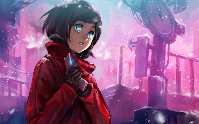 Anime girl in red coat holding device in snowy city