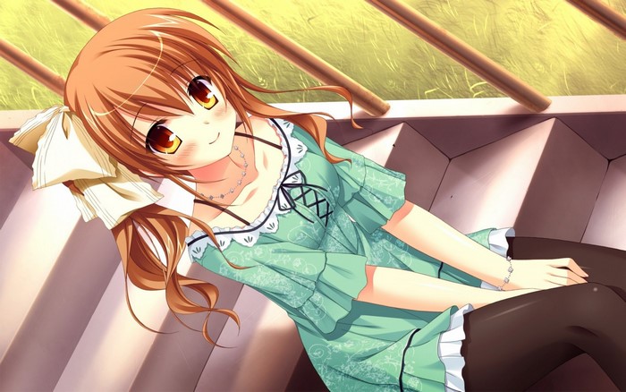 Anime girl with brown hair and green dress
