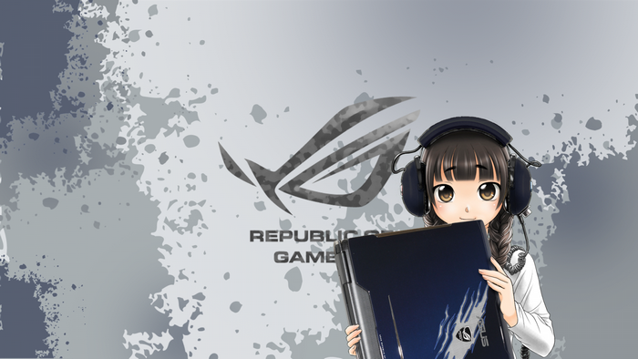 Anime girl with headphones holding a Republic of Gamers laptop