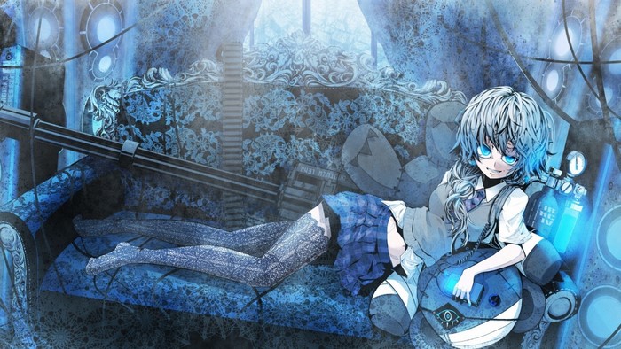 Girl with blue hair and eyes on a couch